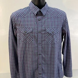 Banana Republic Plaid Shirt Mens Medium Indigo Blue Pearl Snap Flip Cuff - Picture 1 of 14