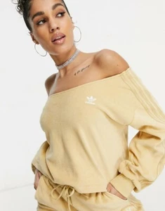 adidas Originals Sweatshirt Womens Velour Off the Shoulder Crop Light Beige - Picture 1 of 5