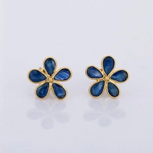 2.2ct Stud Earrings Natural Pear Cut Sapphire Flower 14k Solid Yellow Gold - Picture 1 of 12