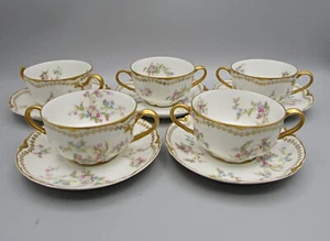 5 Haviland Bouillon Cups & Saucers - Pink/Blue/White Forget-Me-Nots -S434E - Picture 1 of 5