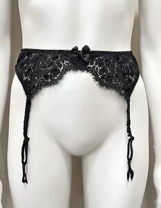 Victoria's Secret Sexy Solid Black Eyelash Lace Bow Garter Belt Size XS/S New