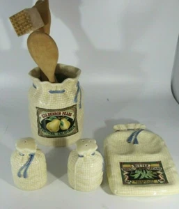Vintage Burlap Sack Canister, Salt & Pepper Shaker and Spoon Holder - Picture 1 of 7