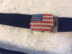 USA American Flag Bling/Gem Buckle Navy Blue Cloth Belt - Womens 10/12 - Picture 1 of 3