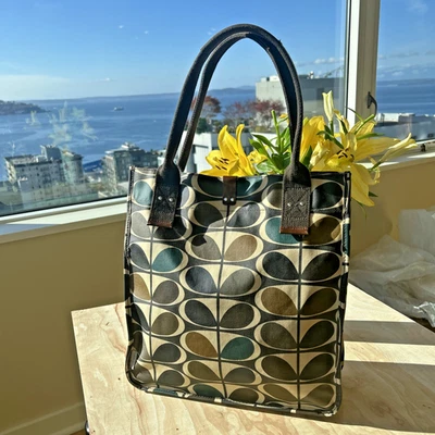 Orla Kiely Tote Scandi Leaf Teal Brown Grocery Beach Shoulder Bag Runaround FUN - Image 1 of 4