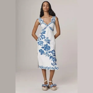 NUEVO Vestido Midi Farm Rio Talla S, M, L Floral Cascada Ondulado Lino Sin Mangas Blanco - Imagen 1 de 4