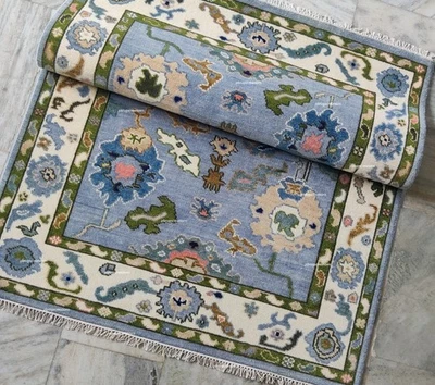 Soft Blue Oushak Rug Indo contemporary Hand-Knotted Woolen Home Decor & area Rug - Image 1 of 4