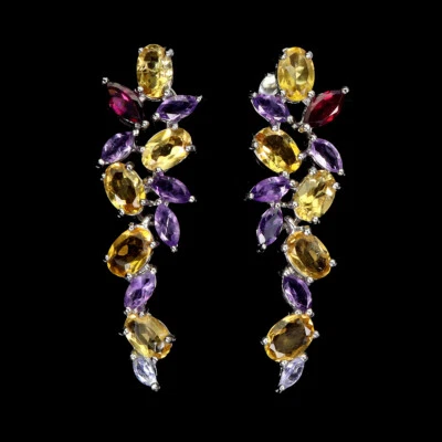 Orecchini In Argento 925 Ovali Con Citrino, Ametista E Tanzanite Gioielli - Immagine 1 di 4