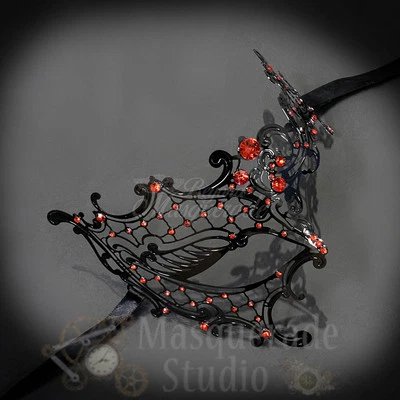 Womens Black Metal Phantom Laser-Cut Masquerade Prom Mask [Red Rhinestones] - Image 1 of 4