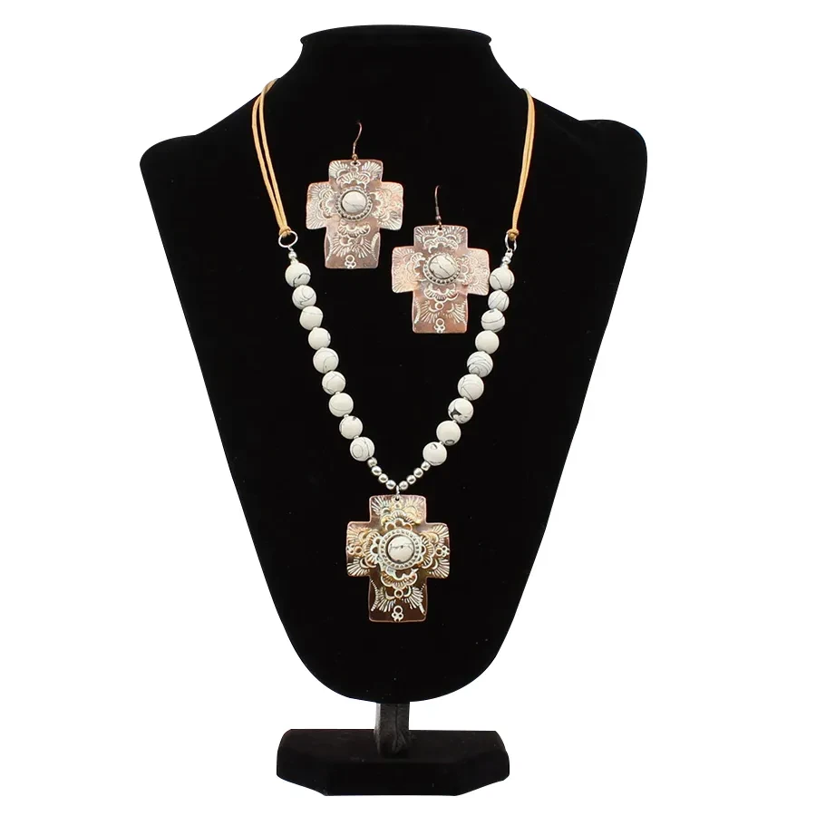 Blazin Roxx® Ladies White Etched Brown Cross Beaded Jewelry Set 29179 - Image 1 of 1