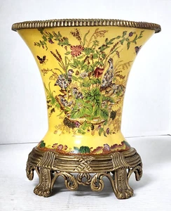 1950er Jahre chinesische Chinoiserie Keramik Bronze Vase Vogel & Flora gelbe Glasur 9,5 Zoll H - Bild 1 von 21