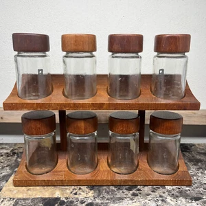 Digsmed Denmark 8 Slot Wooden Spice Rack W/ Glass Screwtop Jars 1964 - Picture 1 of 7