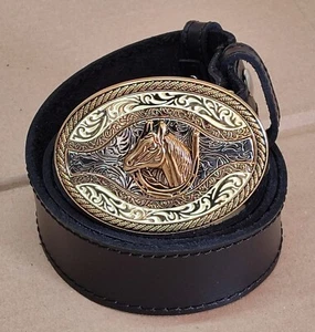 Cintura artigianale in cuoio cm 4 Fibbia testa cavallo - Foto 1 di 7