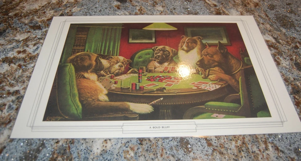 Vintage Dog Poker Art Print "A Bold Bluff" by C.M. Coolidge Brown & Bigelow  - Image 1 of 1