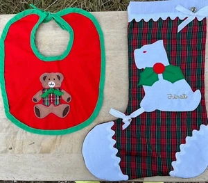 Bavaglino vintage bambino primo Natale e orsacchiotto bavaglino a quadretti rosso anni '80 cane scozzese - Foto 1 di 7