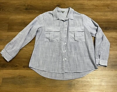 Women's White & Blue 100% Cotton Long Sleeve Pocket Shirt Size L — 第 1/4 张图片