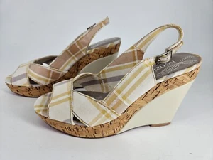 Kenzie RESERVED 7.5 M Cream Plaid Wedge Platform Sandals Cork  Platform Shoes - Picture 1 of 8