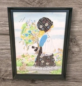 70s Watercolor Art Framed Holly Hobbie Style Cottagecore Girl London OOAK Vtg - Picture 1 of 23