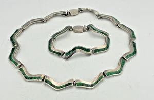 950 SILBER GRÜN MALACHIT INLAY DAMEN SCHWER GUT VERARBEITET HALSKETTE & ARMBAND 130g - Bild 1 von 24