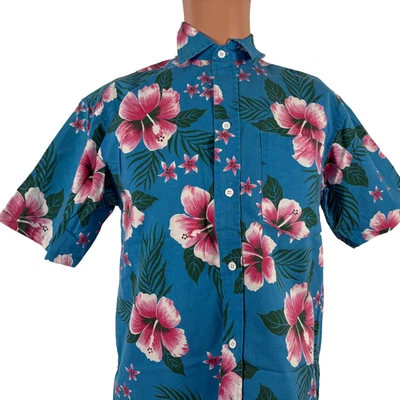 Camisa Hawaiana Vintage Sears Hombres Talla S Azul Floral Abotonada Hecha en EE. UU. Años 80 Foto 1 de 4
