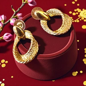 Vintage Gold-Tone Textured Rope Door Knocker Clip-On Earrings - Picture 1 of 6