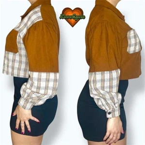 Damen Cropped Karo Colorblock Knopfleiste Jacke mit Ballonärmeln - Größe S - Bild 1 von 6