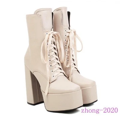 Botas al tobillo informales de fiesta con plataforma de tacón bloque con cordones de cuero sintético para mujer Foto 1 de 4