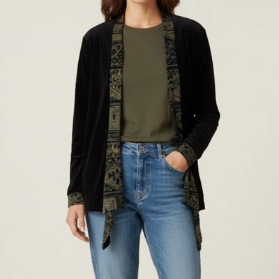 Chicos Travelers Black Slinky Open Cardigan Size 2 Large Boho Aztec Trim Stretch - Image 1 of 4