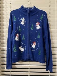 NEU - Crystal Kobe Schneemänner Damen Medium Weihnachten bestickt Reißverschluss Pullover blau - Bild 1 von 14