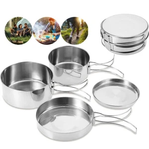 Camping Cookware Set 4PCS Portable Stainless Steel Picnic Pots and Pans Plate AU - Picture 1 of 11