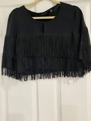 VENINI NIGHTS BLACK CROPPED FRINGE CARDIGAN SZ L - Image 1 of 4
