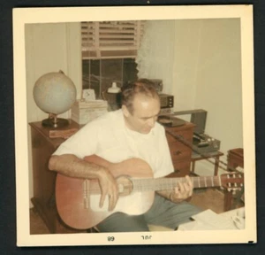 Balding Cool Dad Man Plays Acoustic Guitar Photo 1960s Record Player Globe - Picture 1 of 1