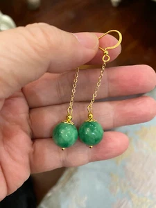 NEU GROSSE 14MM*SELTEN*WUNDERSCHÖNE GRADE A GRÜNER JADEIT稀有天然A货碧玉翡翠 GOLDS925银镀金OHRRINGE - Bild 1 von 3