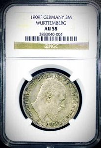 1909F Germany 3 Marks Wurttemberg - NGC AU-58 - Luster and Originality - Picture 1 of 4