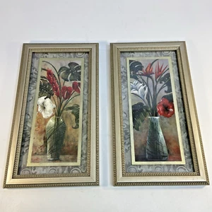 Pair Framed Tropical Floral Prints Amaryllis Bird of Paradise PewterTone Gray - Picture 1 of 10