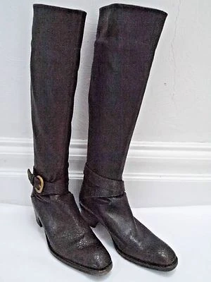 HENRY BEGUELIN Botas hasta la rodilla Italianas 36.5 Marrón Elástico Cuero Detalle Correa Foto 1 de 4