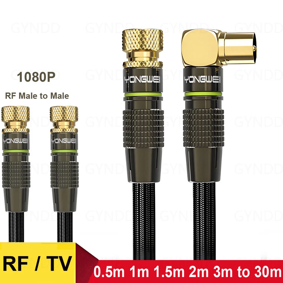 Digital Coaxial Audio Video Cable 90° Angled to Straight Male F Type Connector - Image 1 of 4