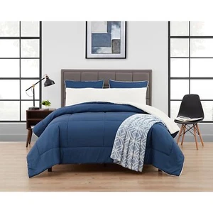 Navy Blue Reversible Sherpa 5 pc Comforter Set Twin Full Queen King Bed Throw - Picture 1 of 8