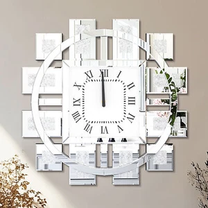 Sparkle Crushed Diamond Silver Mirrored Stylish Elegant Large 60x60cm Wall Clock - Picture 1 of 36