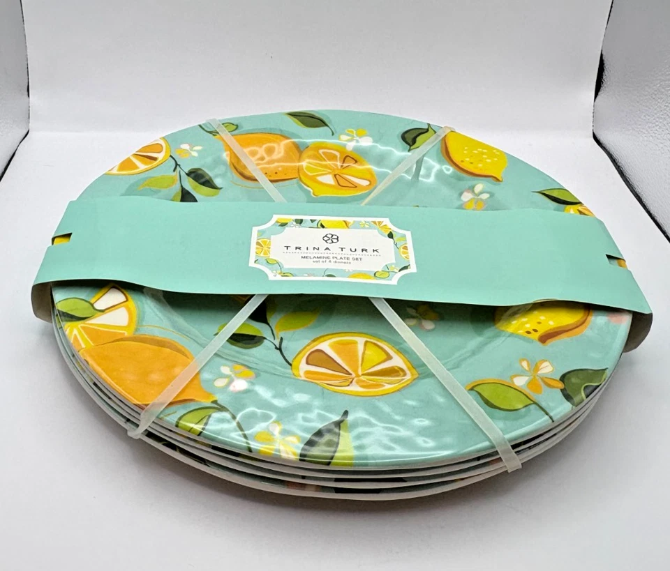 NWT Trina Turk Melamine Dinner Plate Set of 4 Lemons Flower Fruit 11" - Image 1 of 4