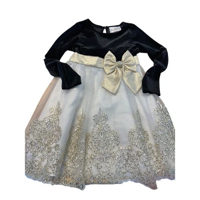 Rare Editions Girls Black Velvet & Gold Sequin Holiday Party Dress 6 - Image 1 of 4