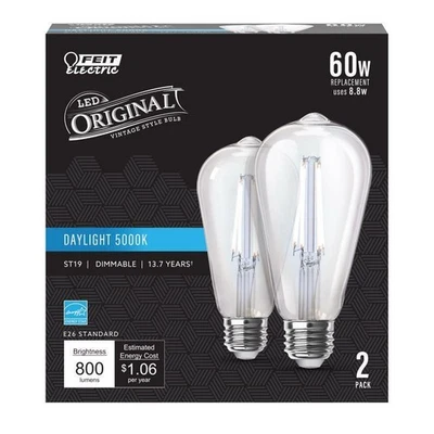 Feit ST19 E26 (Medium) Filament LED Bulb Daylight 60 Watt Equivalence 2 pk - Image 1 of 2