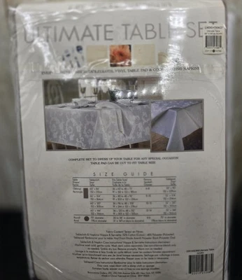 Ivory Damask  Tablecloth Vinyl Table Pad & 8 Matching Napkins Oblong 60" X 84" - Image 1 of 4