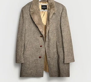 VTG Men’s SZ 44 Saks 5th Ave Tan Herringbone Heavy Wool Overcoat Faux Fur Collar - Picture 1 of 14