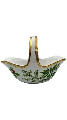 Cuenco cuadrado de fiesta de San Nicolás con mango de laurel acebo baya piña borde dorado  Foto 1 de 4