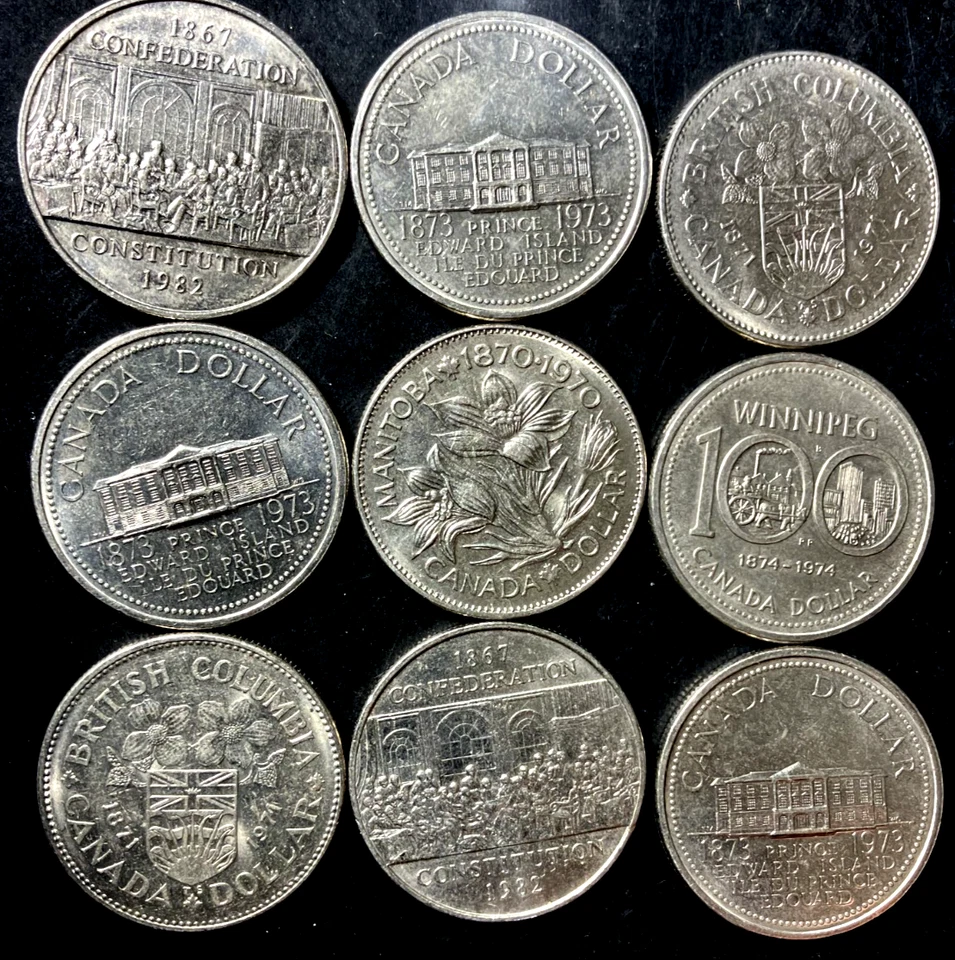 Old Canada Coin Lot - DOLLARS - 9 COMMEMORATIVE COINS - AU - LOT #N25 - Image 1 of 1