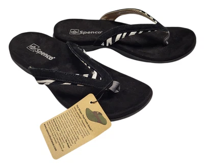 NWT Spenco Flamingo Flip Flops Black Leather Slides Sandals Womens Size 9W - Image 1 of 4