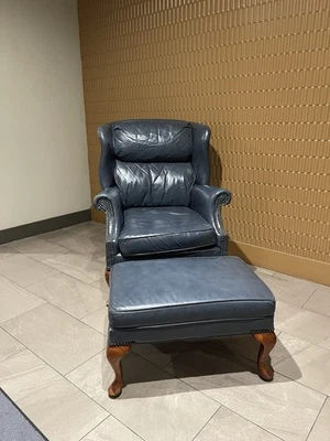 SAM MOORE Chippendale Blue Leather Wingback Club Chair & Footstool Vintage Find! - Image 1 of 4