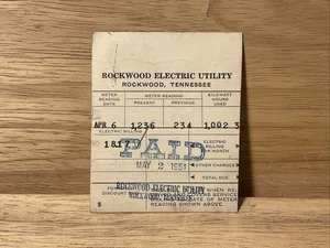 Vintage 1951 Rockwood Electric Utility Company Payment Stub Rockwood Tennessee - Picture 1 of 3