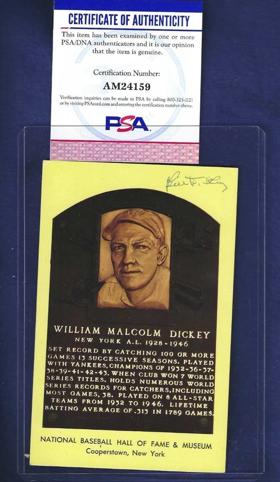Bill Dickey New York Yankees Baseball HOFer Autographed Plaque Postcard PSA COA - Image 1 of 1