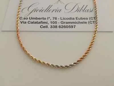 18K YELLOW WHITE ROSE GOLD CHAIN NECKLACE 2MM BRAID ROPE LINK 19.7", 50CM, ITALY - Image 1 of 4